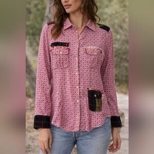 Yellowfield 8 Johnny Was Womens Ditsy Floral Mixed Media Silk Blend Shirt XS